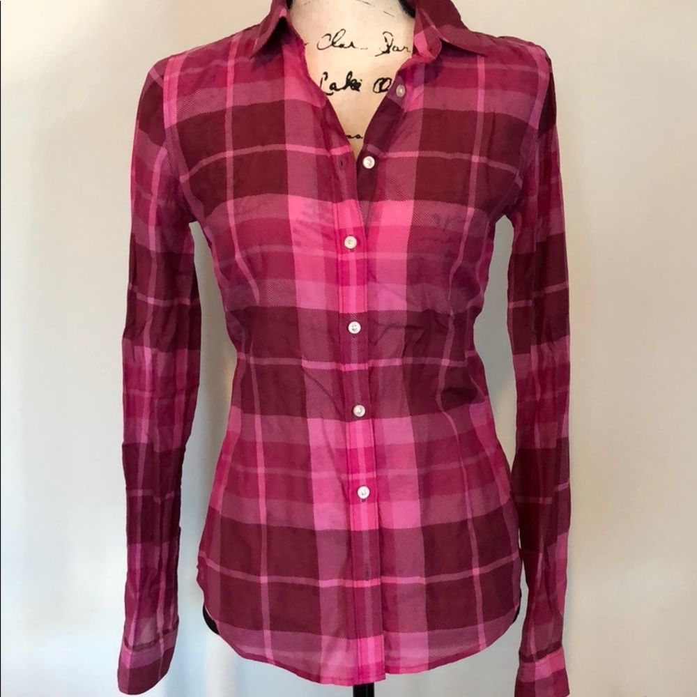Silk Blend Plaid Button Down